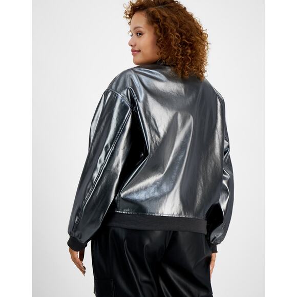 Bar III Plus 3X Silver Foil Faux Leather Bomber Jacket Metallic Moto Biker Disco - Picture 2 of 13